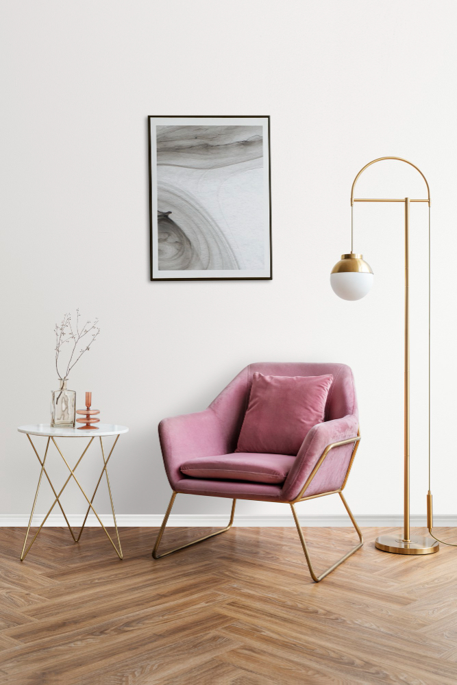 picture-frame-with-abstract-art-by-pink-velvet-armchair